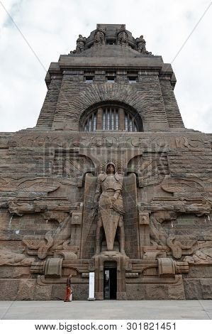 Leipzig, Germany - October 2018:  Statue Of Archangel Michael At The Entrance To The Monument To The