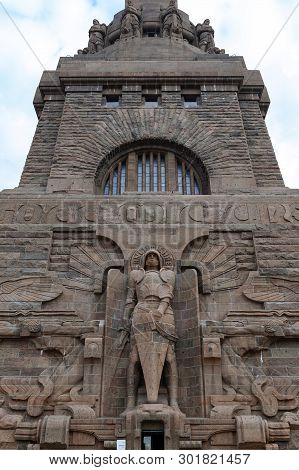 Leipzig, Germany - October 2018:  Statue Of Archangel Michael At The Entrance To The Monument To The