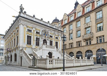 Leipzig, Germany - October 2018: Historic Baroque Style Building Of The Old Stock Exchange At Naschm