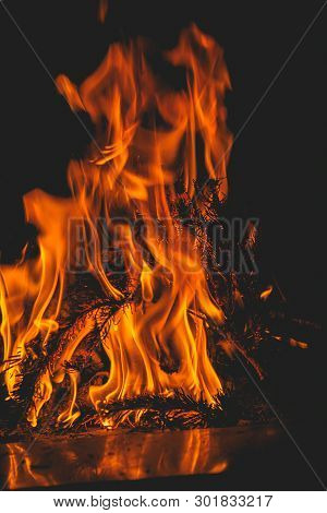 Dark Background Bonfire From Branches In The Fireplace . Flame And Sparks.