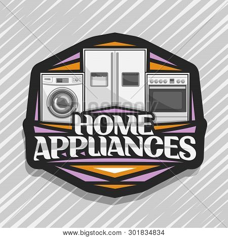 Vector Logo For Home Appliances, Black Sticker With Illustration Of White Washing Machine, Large Fri