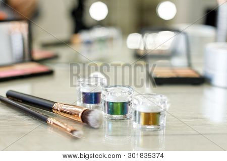 Makeup Kit In Front Of A Mirror In A Beauty Salon