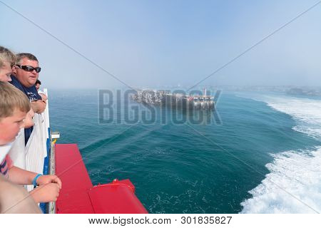 Hirtshal, Denmark - July 24, 2018: People On The After-deck Of A Ferry Boat Leaving The Hirtshals Ha