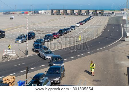 Hirtshal, Denmark - July 24, 2018: Cars Waiting To Go Onboard On The Ferry To Kristansand Norway