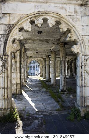 Tskaltubo, Georgia - April 27, 2019: Detail Of The Abandoned Soviet Sanatorium Meshakhte In Tskaltub