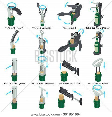 Corkscrew Types Icons Set. Isometric Illustration Of 9 Corkscrew Types Icons For Web