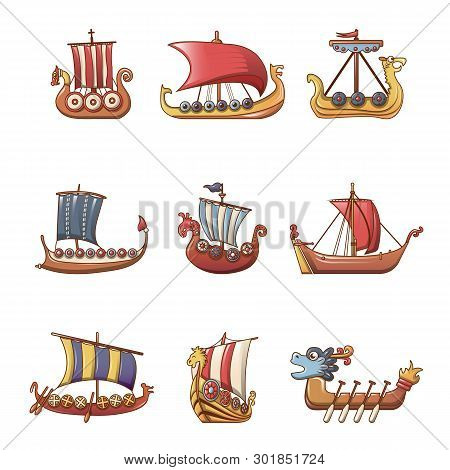 Viking Ship Boat Drakkar Icons Set. Cartoon Illustration Of 9 Viking Ship Boat Drakkar Icons For Web