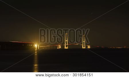 The Bridge Across The Great Belt - The Storebaelt Bridge In Denmark, Night Time.