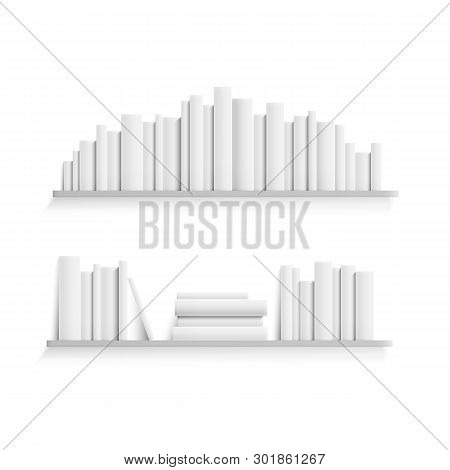 Mockup Of Bookshelf With Blank White Books On Wall. Realistic Stack Of Paper Books. Vector Illustrat