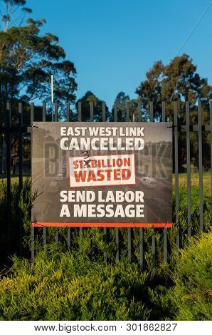Melbourne, Australia - May 18, 2019: Liberal Party Posters At The Polling Place At Mallauna College 
