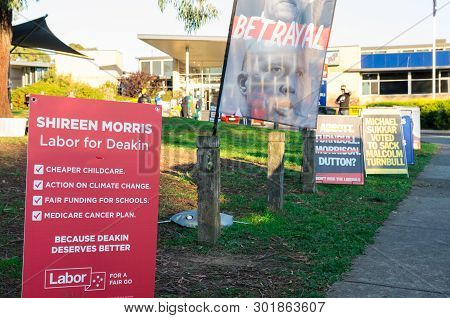 Melbourne, Australia - May 18, 2019: Australian Labor Party Posters Outside Mallauna College In The 