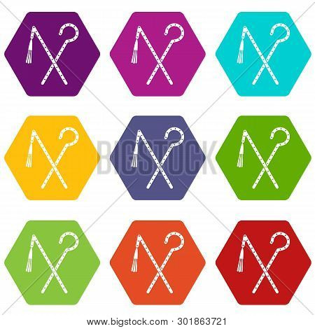 Rod And Whip Of Pharaoh Icon Set Many Color Hexahedron Isolated On White Illustration