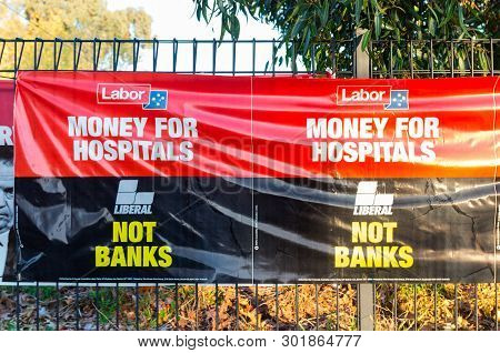 Melbourne, Australia - May 18, 2019: Australian Labor Party Posters Outside Mallauna College In The 