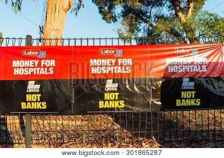 Melbourne, Australia - May 18, 2019: Australian Labor Party Posters Outside Mallauna College In The 