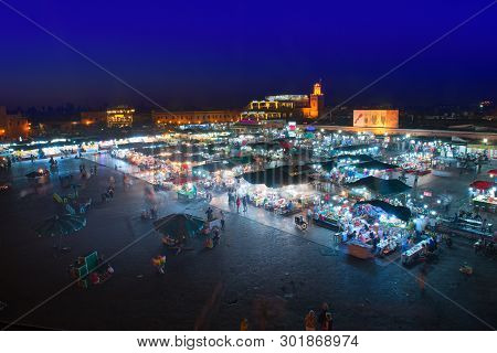 Marrakech, Morocco - May 11 2019: Jema Eel-fna Square Seen At Night, Full Of Life And Activities, To