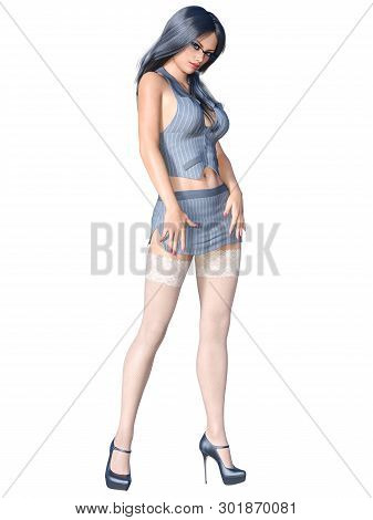 Long-haired Sexy Brunette Secretary Uniform White Stocking.short Mini Skirt Striped Jacket.beautiful