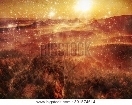 Fantasy Effected Landscape With Trees In A Forest And Rounded Hills.  Grunge Background In Amazing T