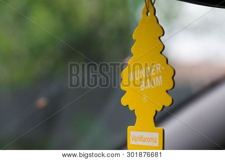 Miercurea Ciuc, Romania- 19 May 2019: Hanging Wunder Baum Air Freshener Close Up Shot.