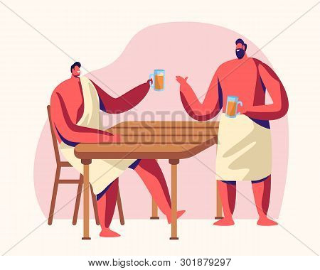 Men Sitting In Steam Room Drinking Beer. Sauna And Spa Water Procedures. Relaxation, Body Care Thera