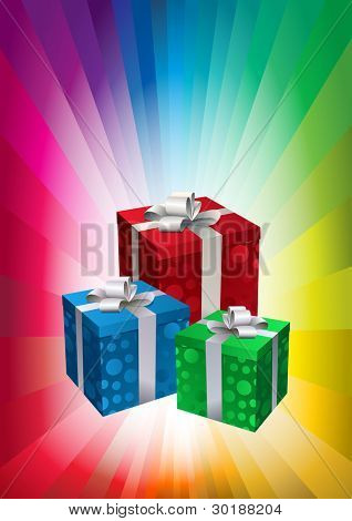 caixas de presente no plano de fundo multicolorido.