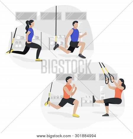 Fit People Working Out On Trx Doing Bodyweight Exercises. Fitness Strength Training Workout.