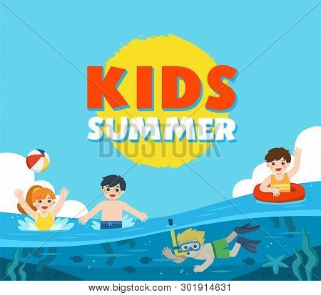Happy Kids Play And Swim In The Sea. A Little Boy Diving With Fish Under The Ocean. Kids Having Fun 