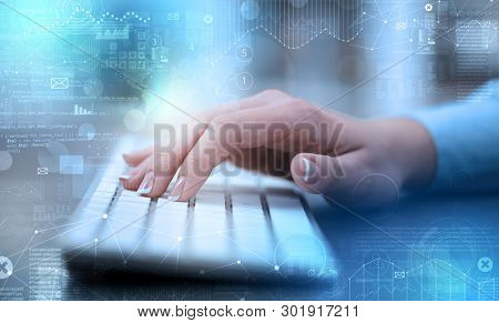 Business woman hand typing on keyboard with international system concept
