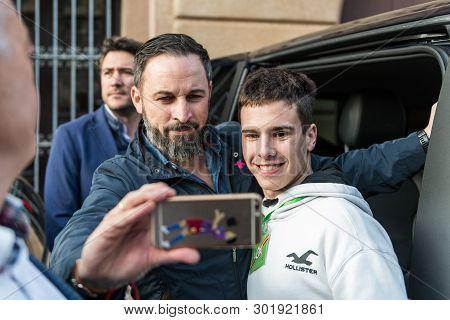 Caceres, Extremadura, Spain - May 18, 2019: Attendees At The Vox Rally Make Selfies With The Leader 