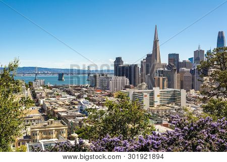 San Francisco Downtown From Ina Coolbrith Park. Russian Hill District, San Francisco, California, Us