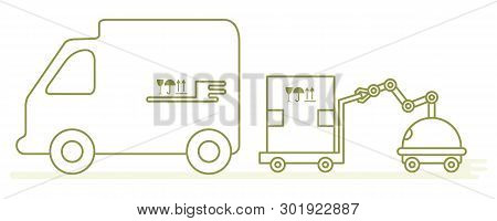 Vector Illustration With Robot Loader Loads Boxes Into A Truck. Automation Warehouse Processes. Smar