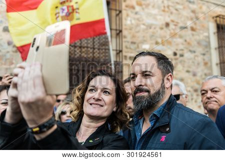 Caceres, Extremadura, Spain - May 18, 2019: Attendees At The Vox Rally Make Selfies With The Leader 