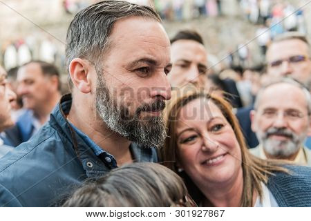 Caceres, Extremadura, Spain - May 18, 2019: Attendees At The Vox Rally Make Selfies With The Leader 
