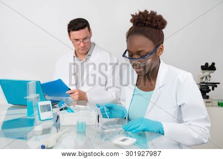 Scientists, Male And Female, Work In Research Facility. Mature Scientist Supervises Work Of Younger 