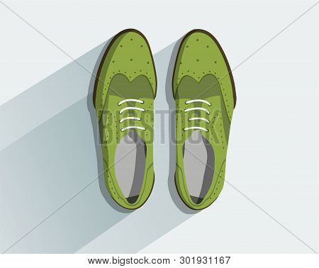 Shoes. Fashion Footwear. Concept Vector Green Footgear Top View In Flat Style Isolated On Light Gray