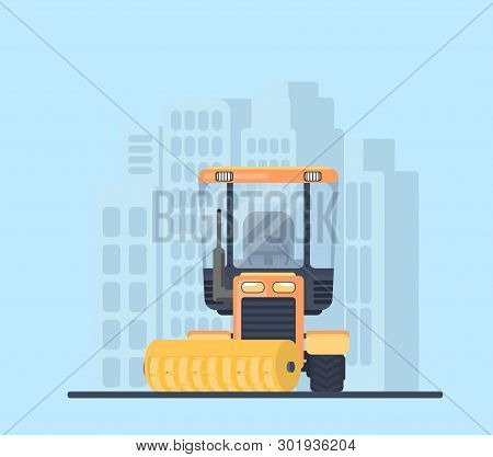 Road Cleaner Tractor In City. Street Sweeper. Machine For Highway Service