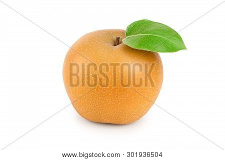 Fresh Asian Pear With Leaf Isolated On White Background