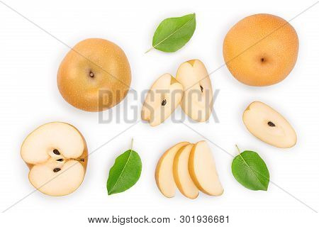 Fresh Asian Pear With Leaves Isolated On White Background. Top View. Flat Lay.