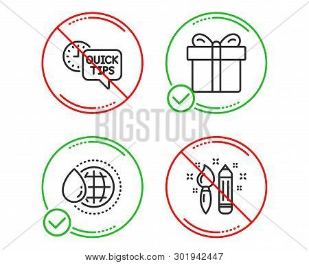 Do Or Stop. Quick Tips, World Water And Gift Box Icons Simple Set. Creativity Sign. Helpful Tricks, 