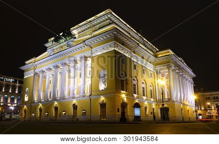 Alexandrinsky Theatre, Ostrovsky Square At Night In Saint Petersburg, Russia
