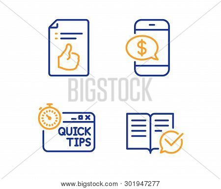 Quick Tips, Phone Payment And Approved Document Icons Simple Set. Approved Documentation Sign. Helpf