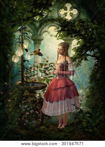 3d Computer Graphics Of A  Girl, Birds And A Birdbath