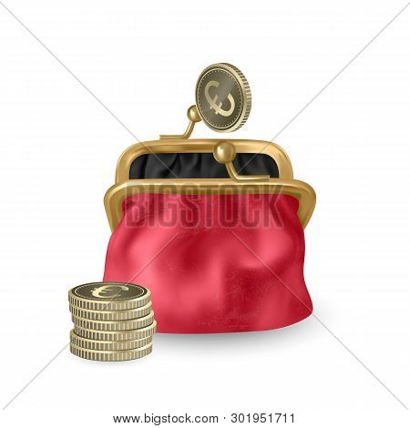 The Red, Opened Purse. Gold Coins Raining To Open Wallet. Golden Coins Money, Euros Dropping Or Fall