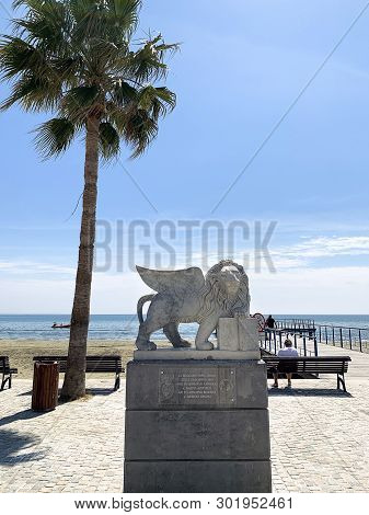 Larnaka, Cyprus - May 11, 2019: Marble Lion Presented By The City Of Venice To The City Of Larnaca O