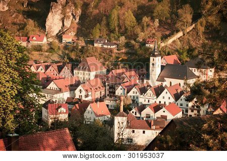 Aerial View Of Behringersmuhle, Historical Town In Frankonian Switzerland, Bavaria, Germany. Tiinted