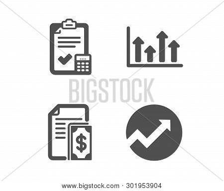 Set Of Upper Arrows, Accounting Checklist And Payment Icons. Audit Sign. Growth Infochart, Calculato