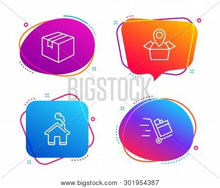 Package Location, Parcel And Home Icons Simple Set. Push Cart Sign. Delivery Tracking, Shipping Box,