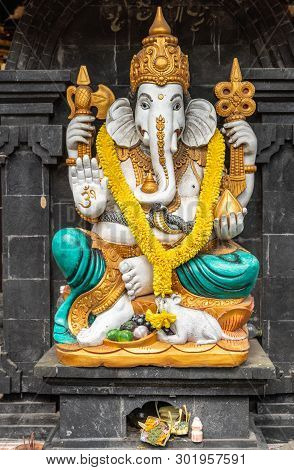 Bali, Indonesia - February 25, 2019: Ulun Danu Beratan Temple In Bedoegoel. Closeup Of Colorful Gane