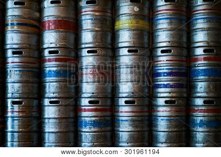 Steel Beer Barrels Wall Background Texture, Close-up