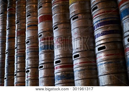 Steel Beer Barrels Wall Background Texture, Close-up