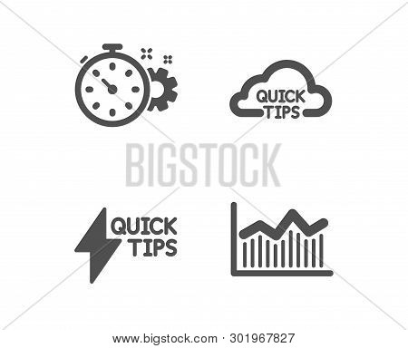 Set Of Quickstart Guide, Cogwheel Timer And Quick Tips Icons. Money Diagram Sign. Lightning Symbol, 